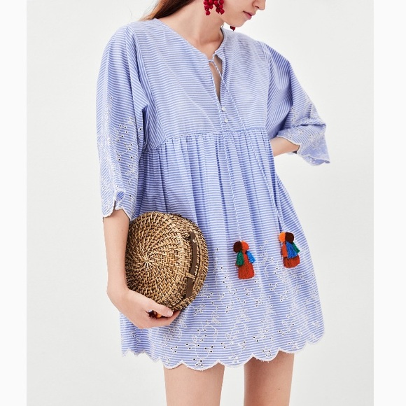 Zara | Pants & Jumpsuits | Zara Embroidered Dress Romper With Pompoms |  Poshmark